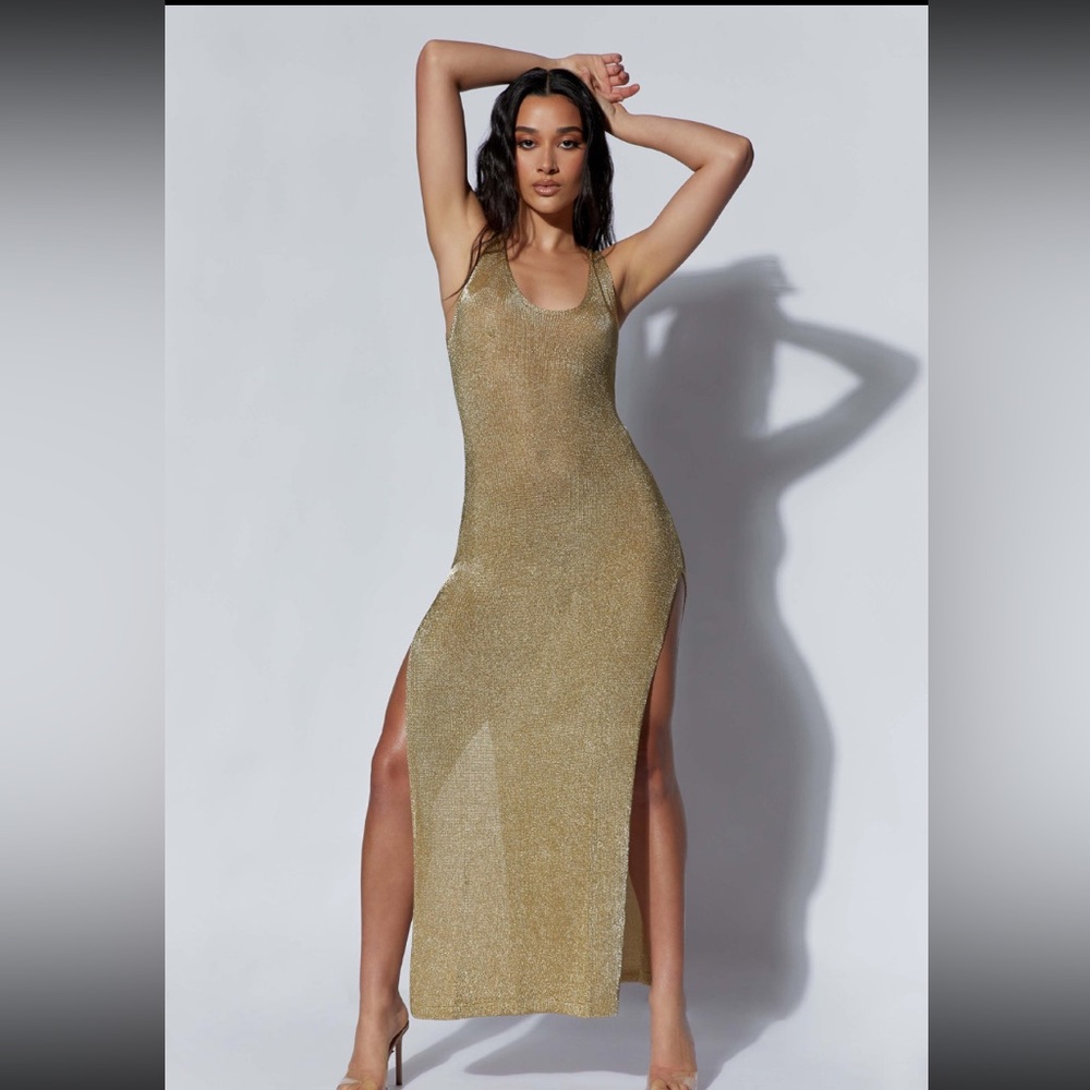 Meshki two slide slit gold dress